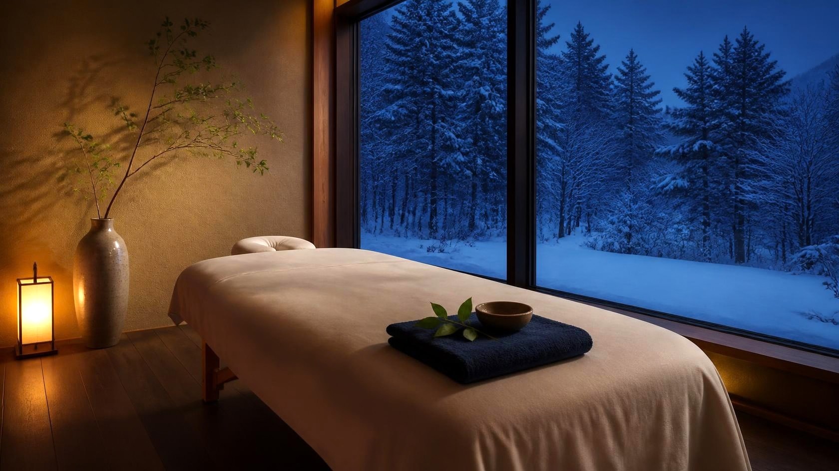 雪の森が見える部屋に整えられた施術ベッド